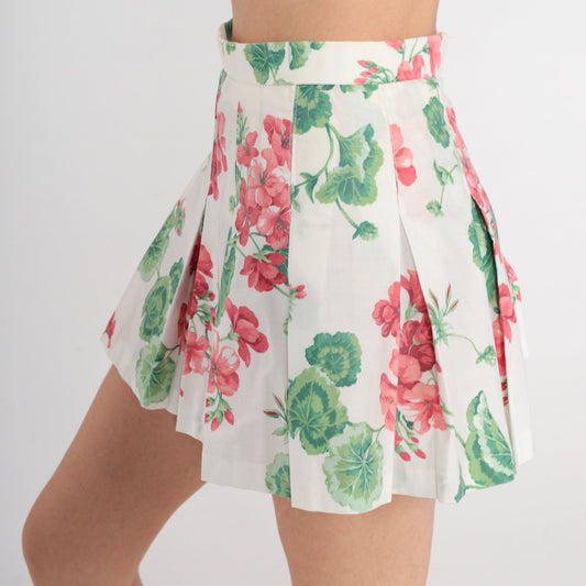 80s Floral Pleated Tennis Skirt White Mini High Waist Red Green Extra Small