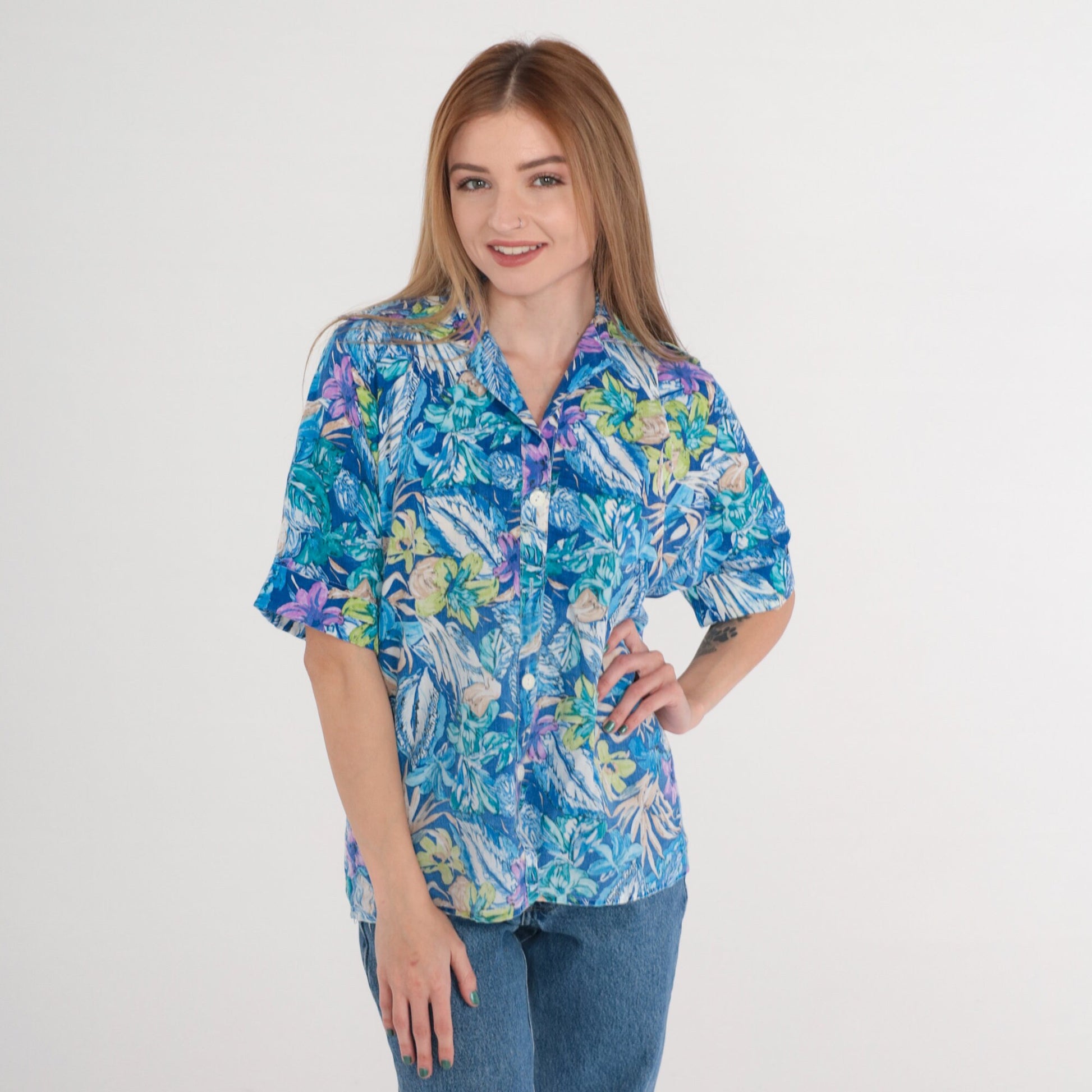 90s Blue Floral Button-Up Blouse Short Cuffed Sleeve Green Purple Leaf Print Medium M