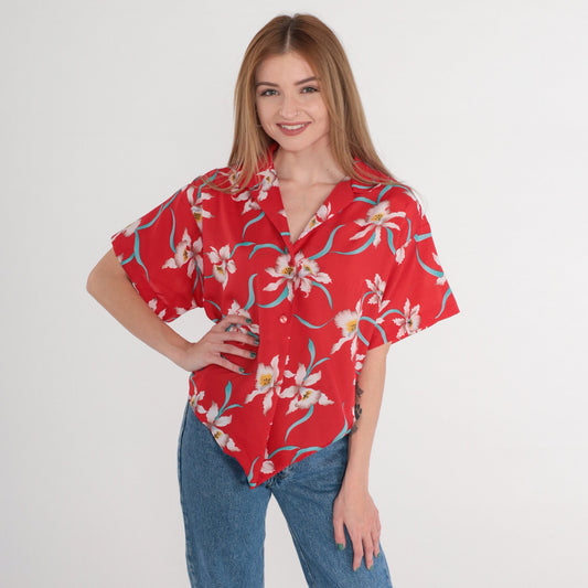90s Red Tropical Floral Button-Up Shirt Tie Front Short Sleeve Medium M
