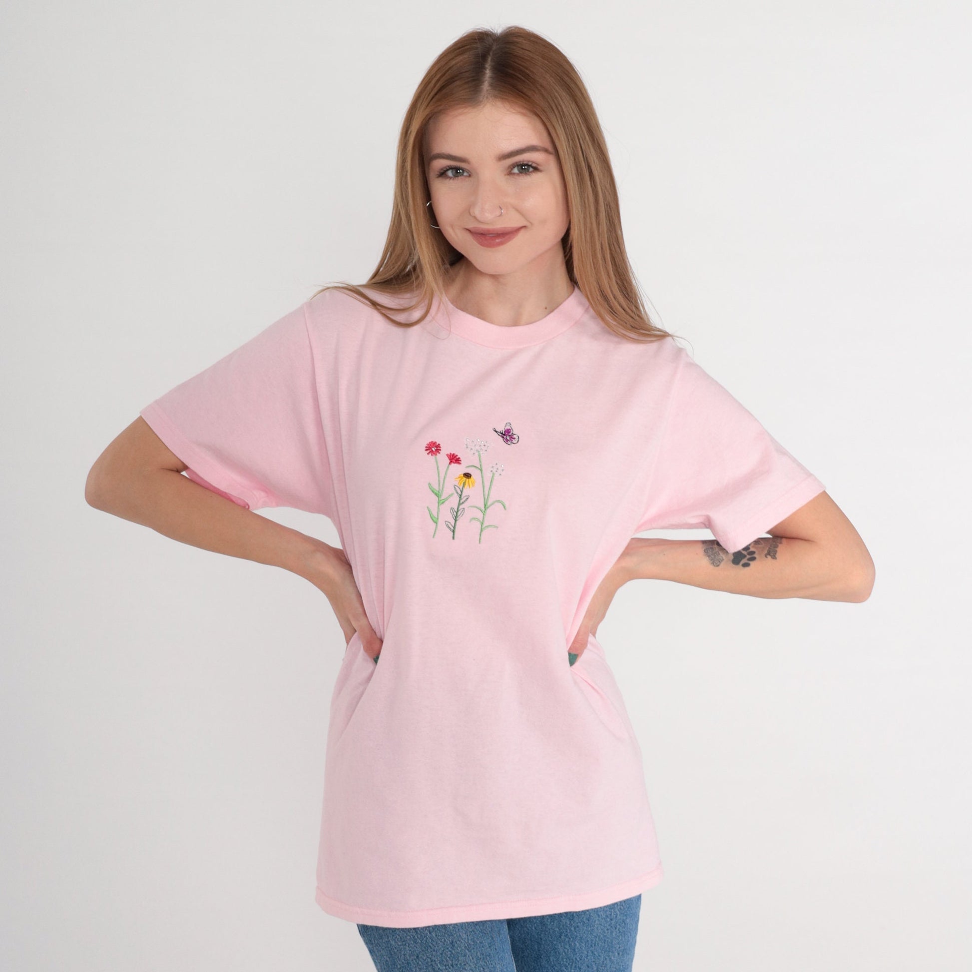 90s Pink Floral Butterfly T-Shirt Embroidered Rhinestone Cotton Small