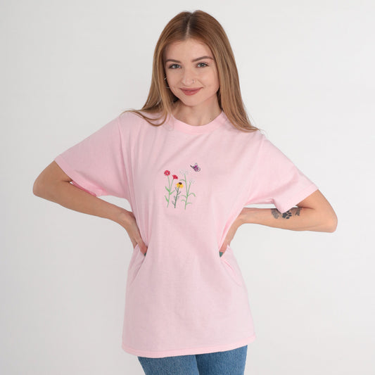 90s Pink Floral Butterfly T-Shirt Embroidered Rhinestone Cotton Small