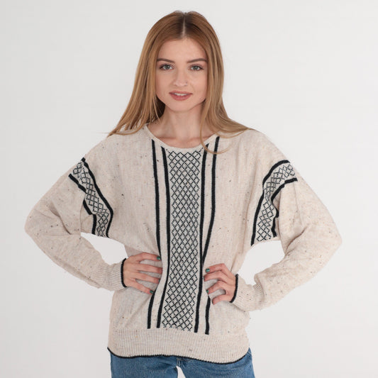 80s Gitano Striped Checkered Knit Sweater Oatmeal Black Small