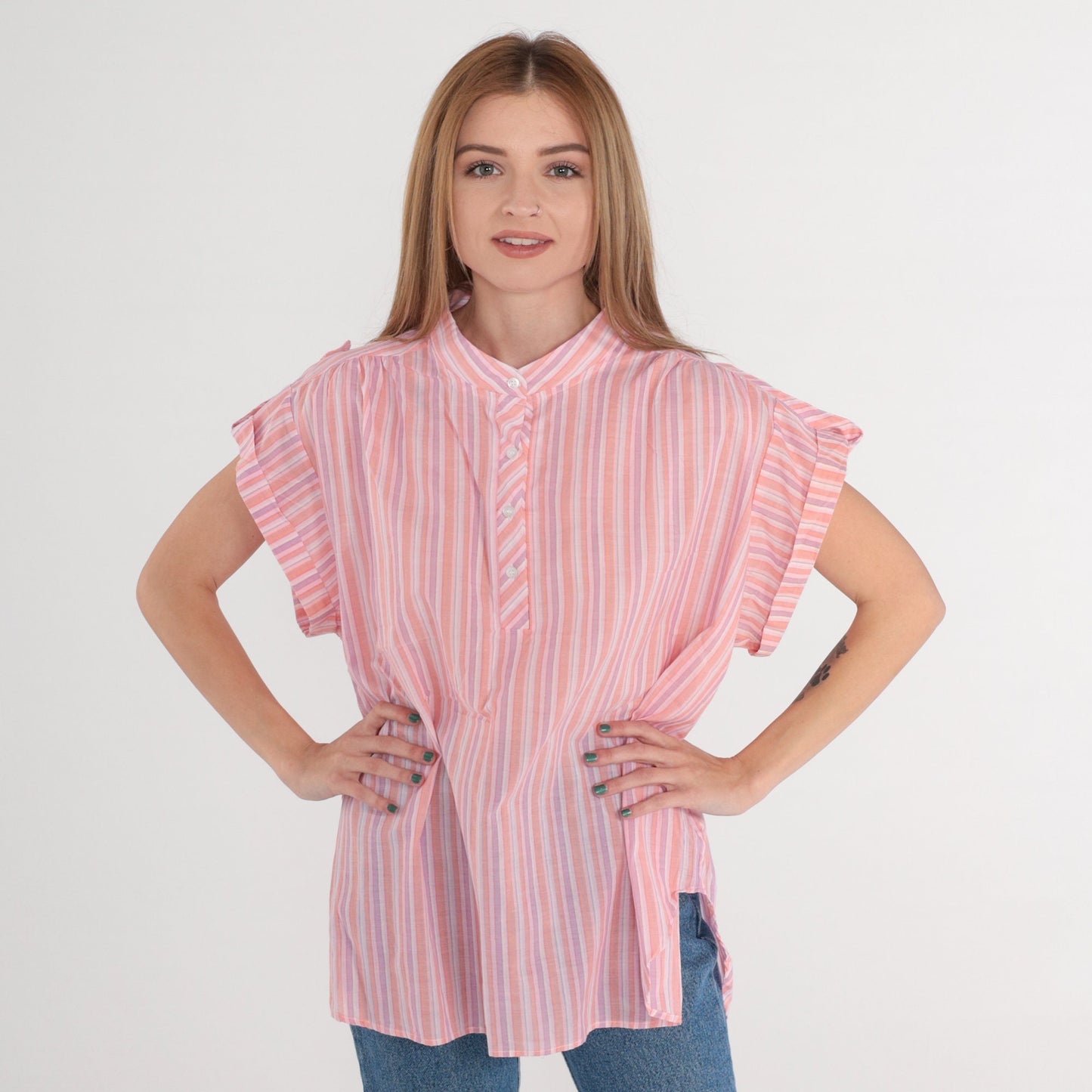 80s Striped Half-Button Blouse Pink Orange Purple Cap Sleeve Extra Large XXL