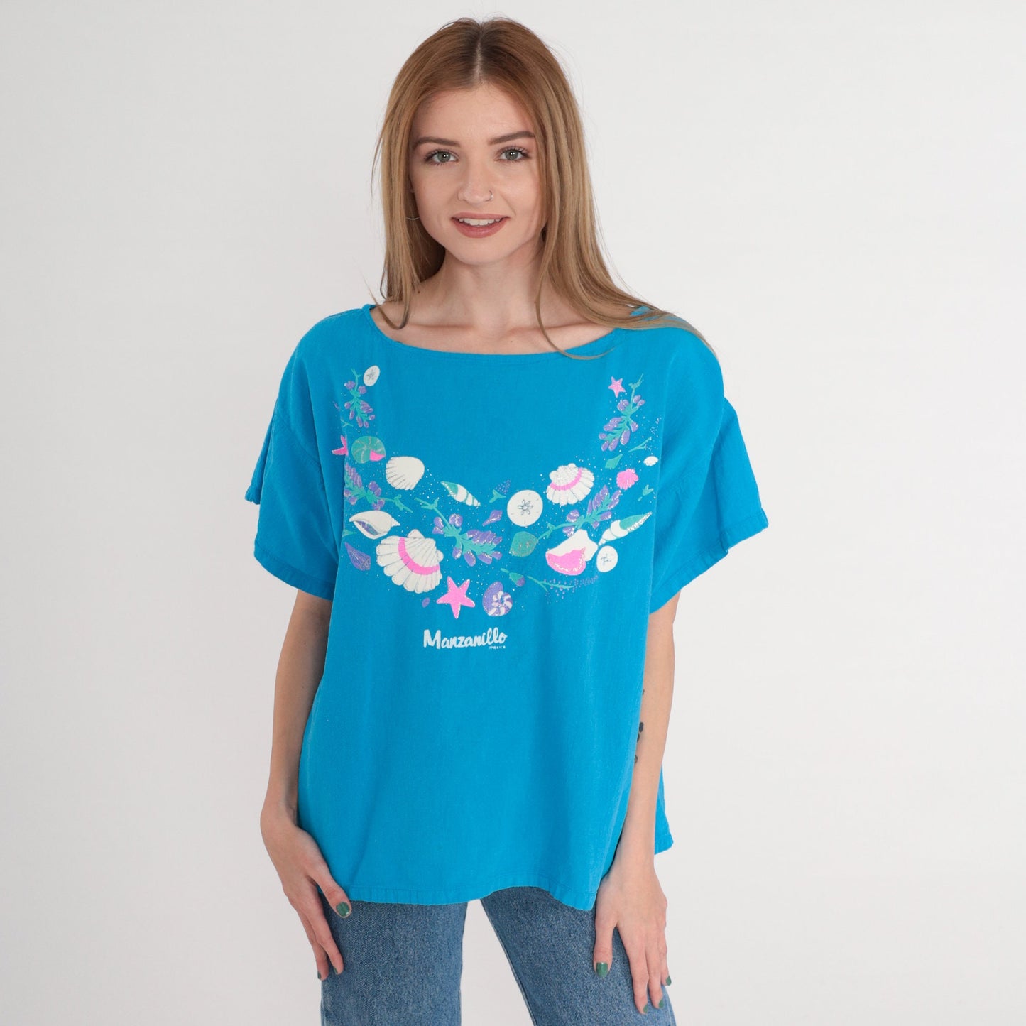 90s Manzanillo Mexico Blue Seashell Starfish Glitter Blouse Extra Large XL