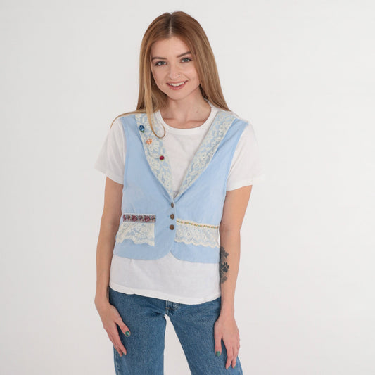 90s Baby Blue Lace Vest White T-Shirt Combo Pearl Beaded Rosette Small