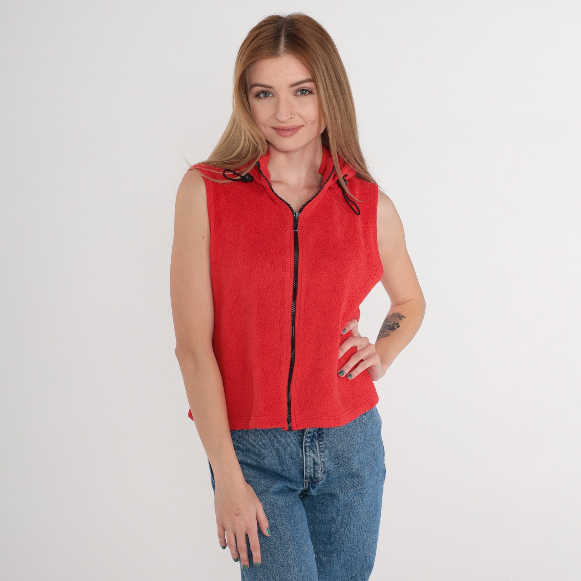 90s Forever 21 Red Fleece Hooded Zip Vest Small