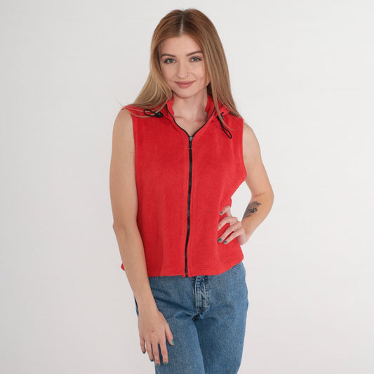 90s Forever 21 Red Fleece Hooded Zip Vest Small