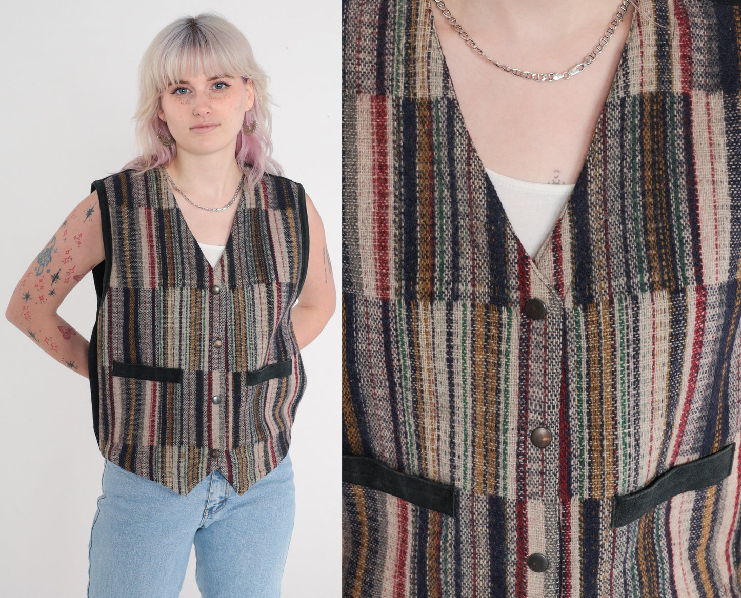 90s Striped Wool Blend Vest Snap Button Sleeveless Knit Small S