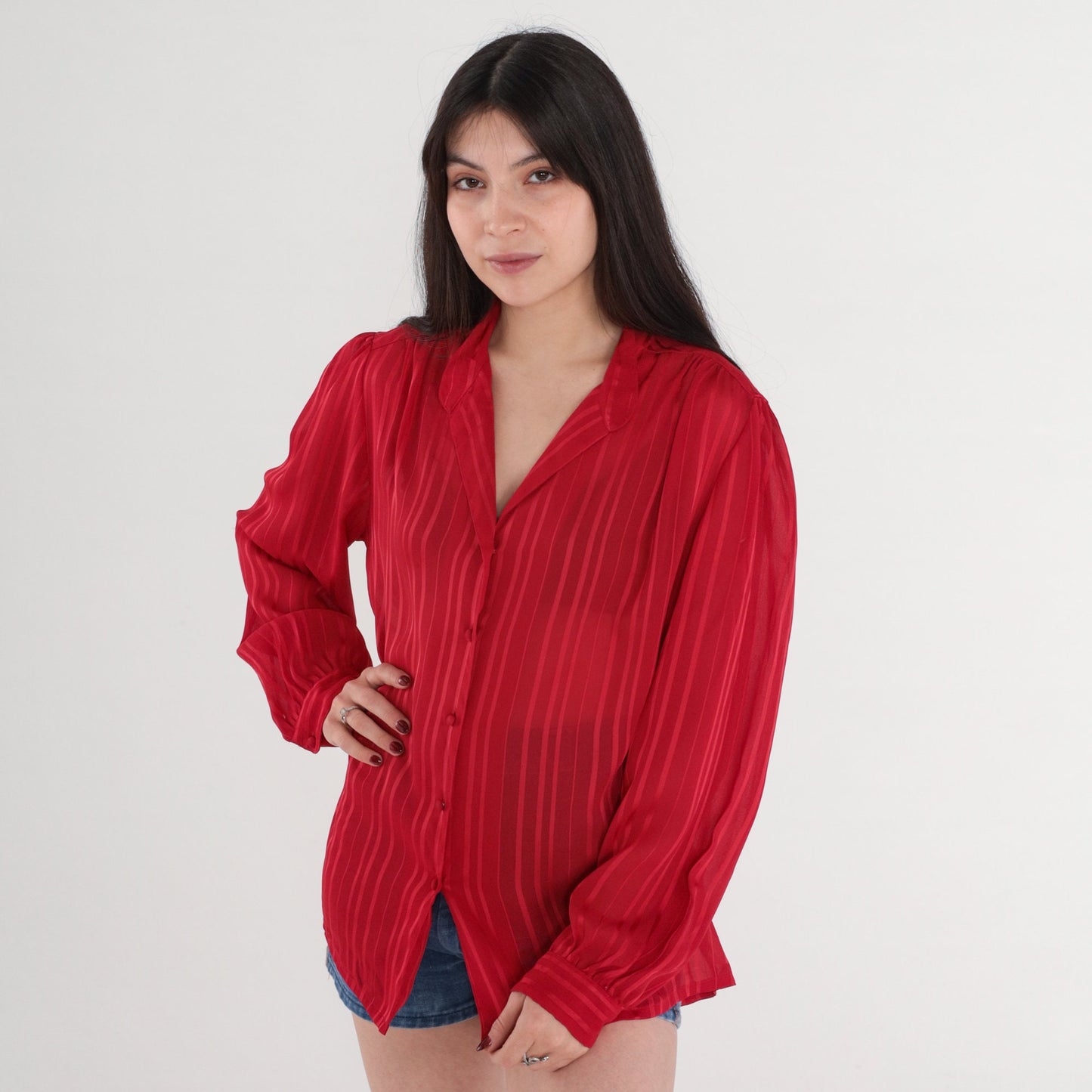 70s Red Striped Blouse Puff Sleeve Button-Up Semi-Sheer Long Sleeve Large L