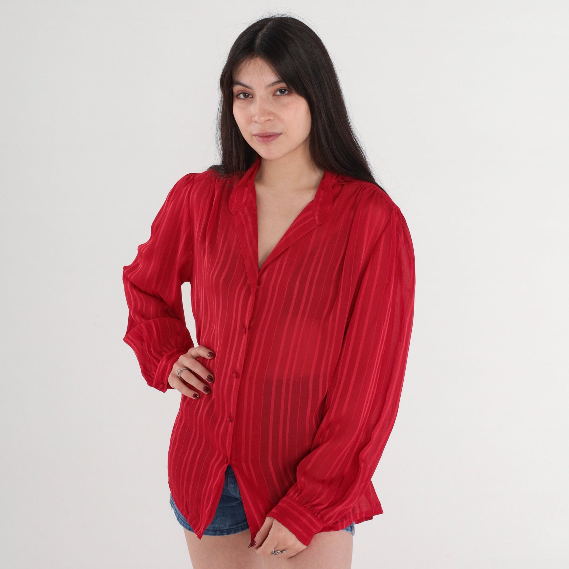 70s Red Striped Blouse Puff Sleeve Button-Up Semi-Sheer Long Sleeve Large L