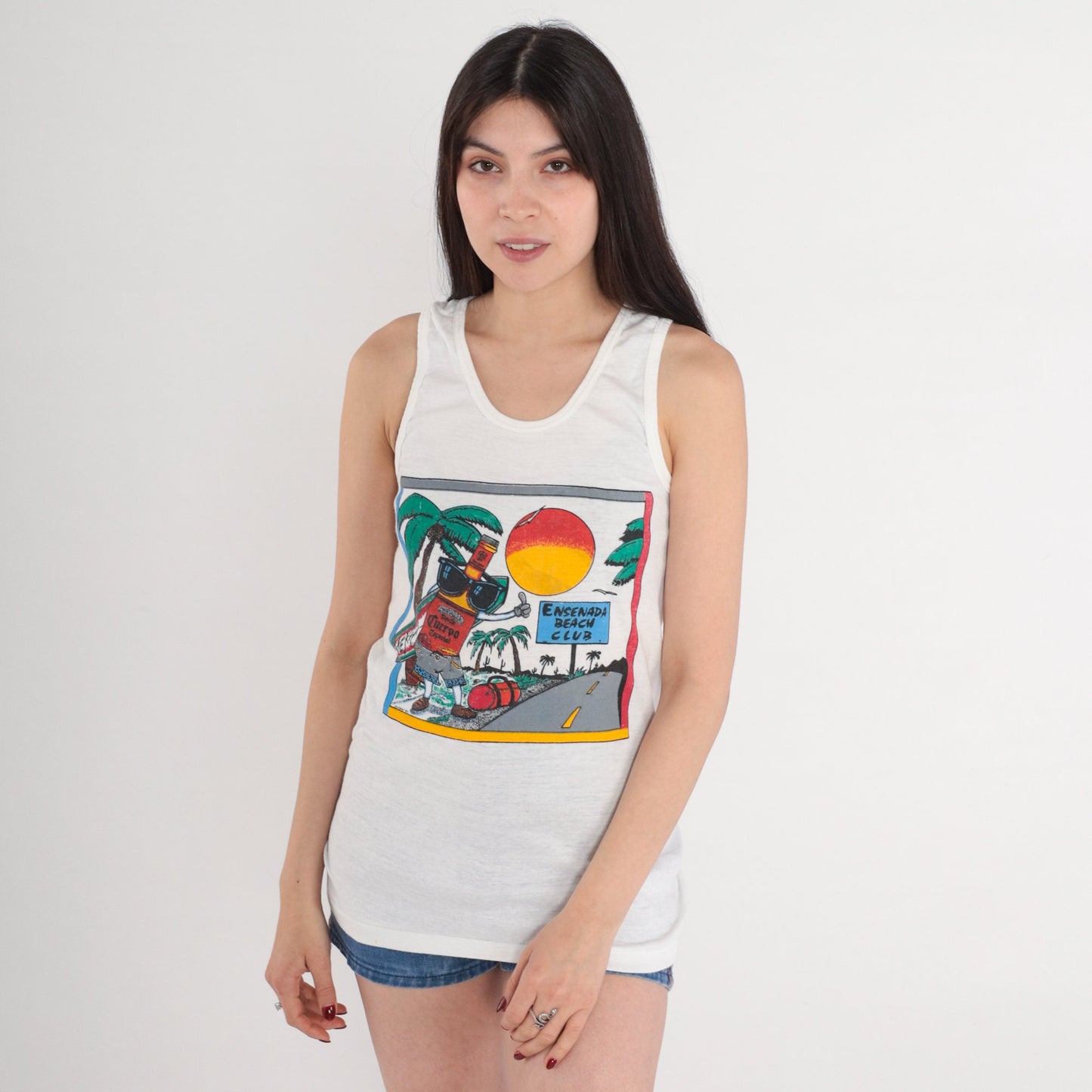 80s Jose Cuervo Tequila Tank Top Ensenada Mexico Graphic Single Stitch White XS