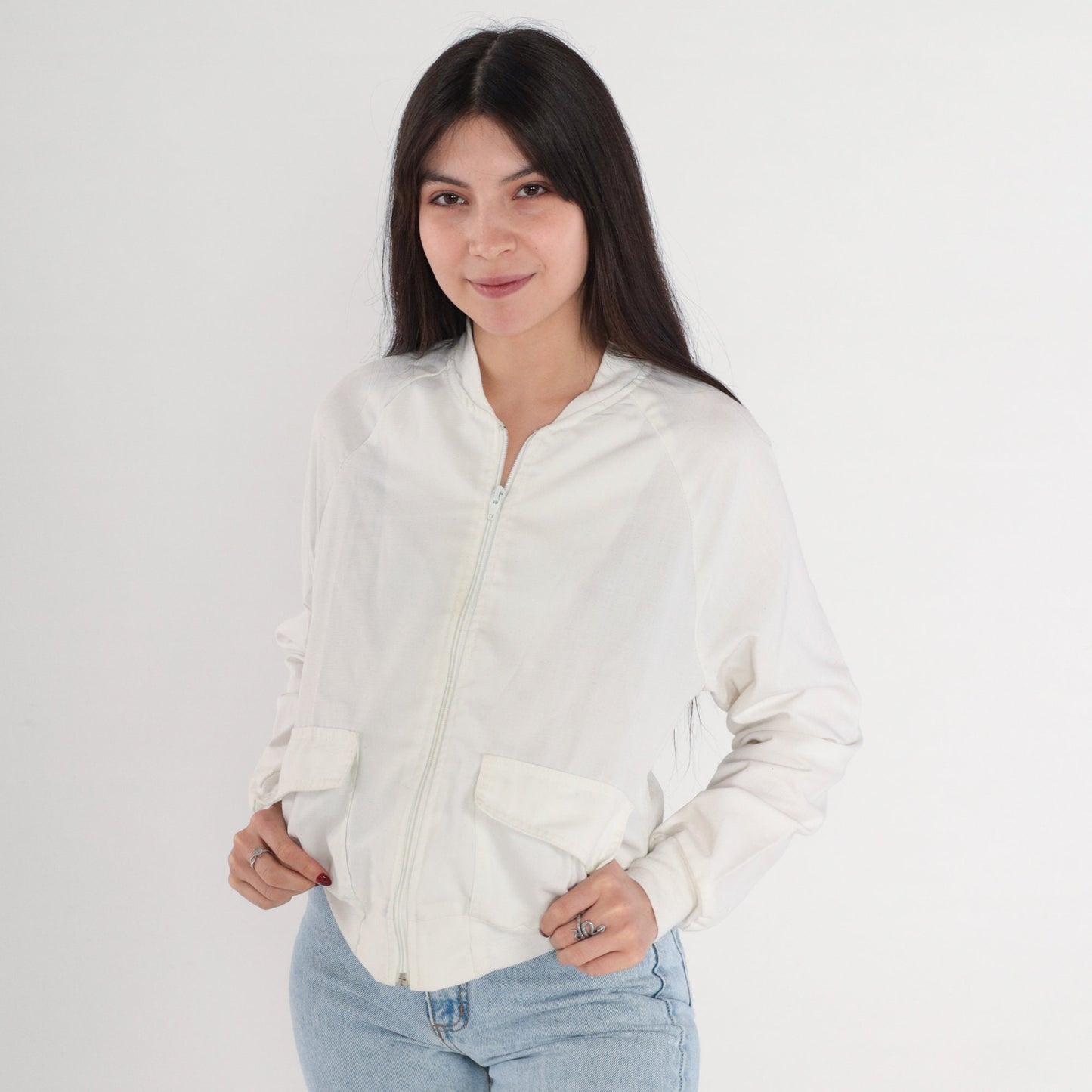 70s White Bomber Jacket Raglan Sleeve Zip Front Small