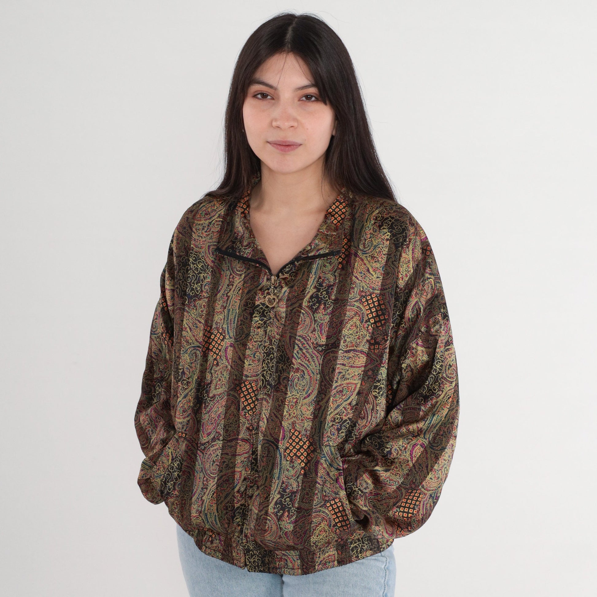 90s Paisley Striped Bomber Jacket Heart Zipper Windbreaker Medium M