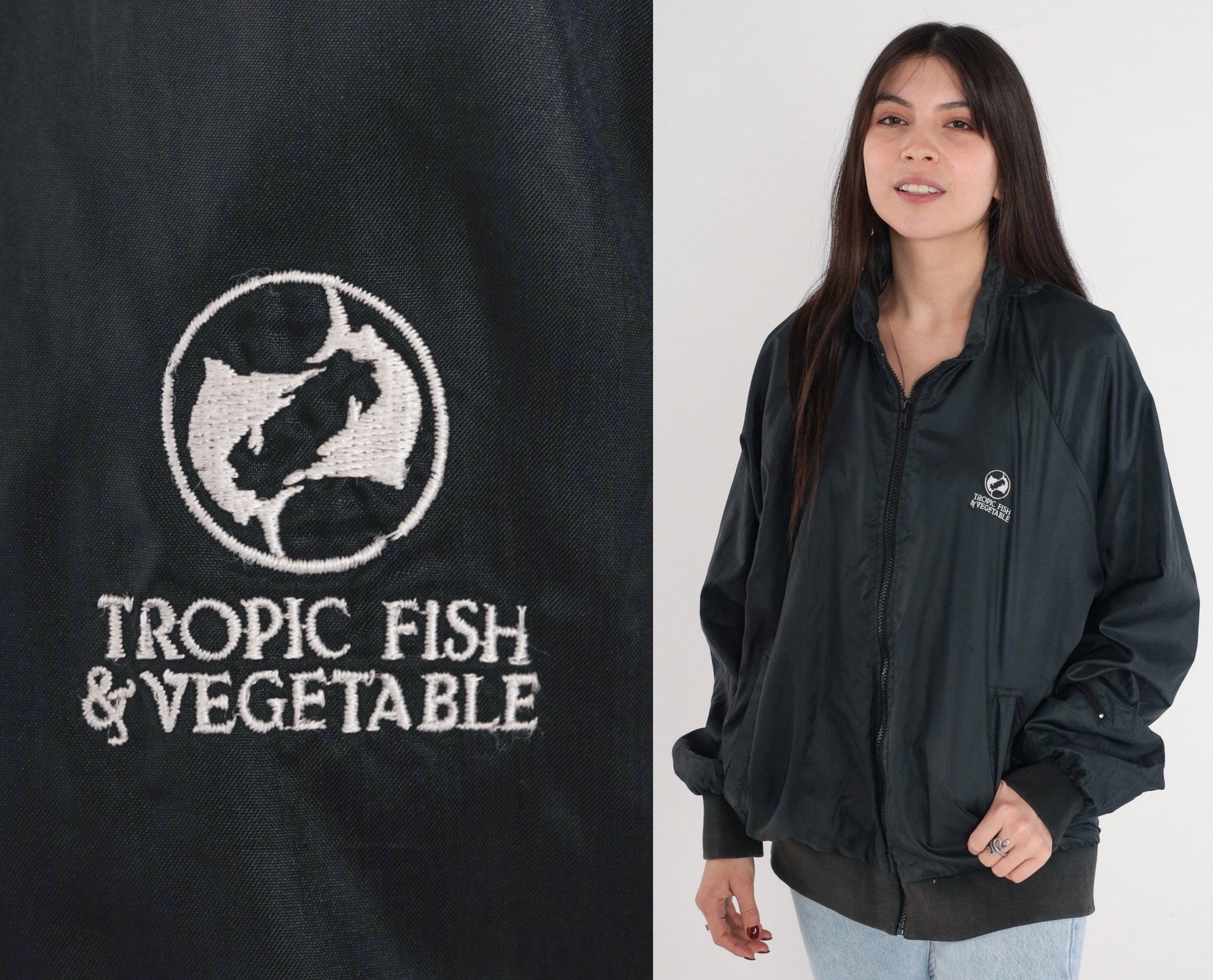 80s Tropic Fish Vegetable Logo Bomber Jacket Black Nylon Zip Windbreaker Large L