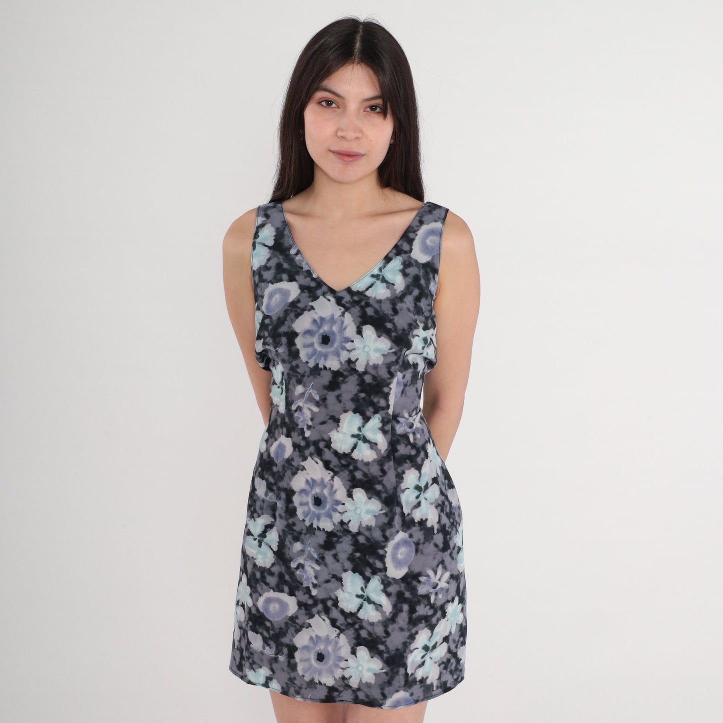 90s Tie Dye Floral Mini Dress Black Grey Purple Cloud Print V Neck Small