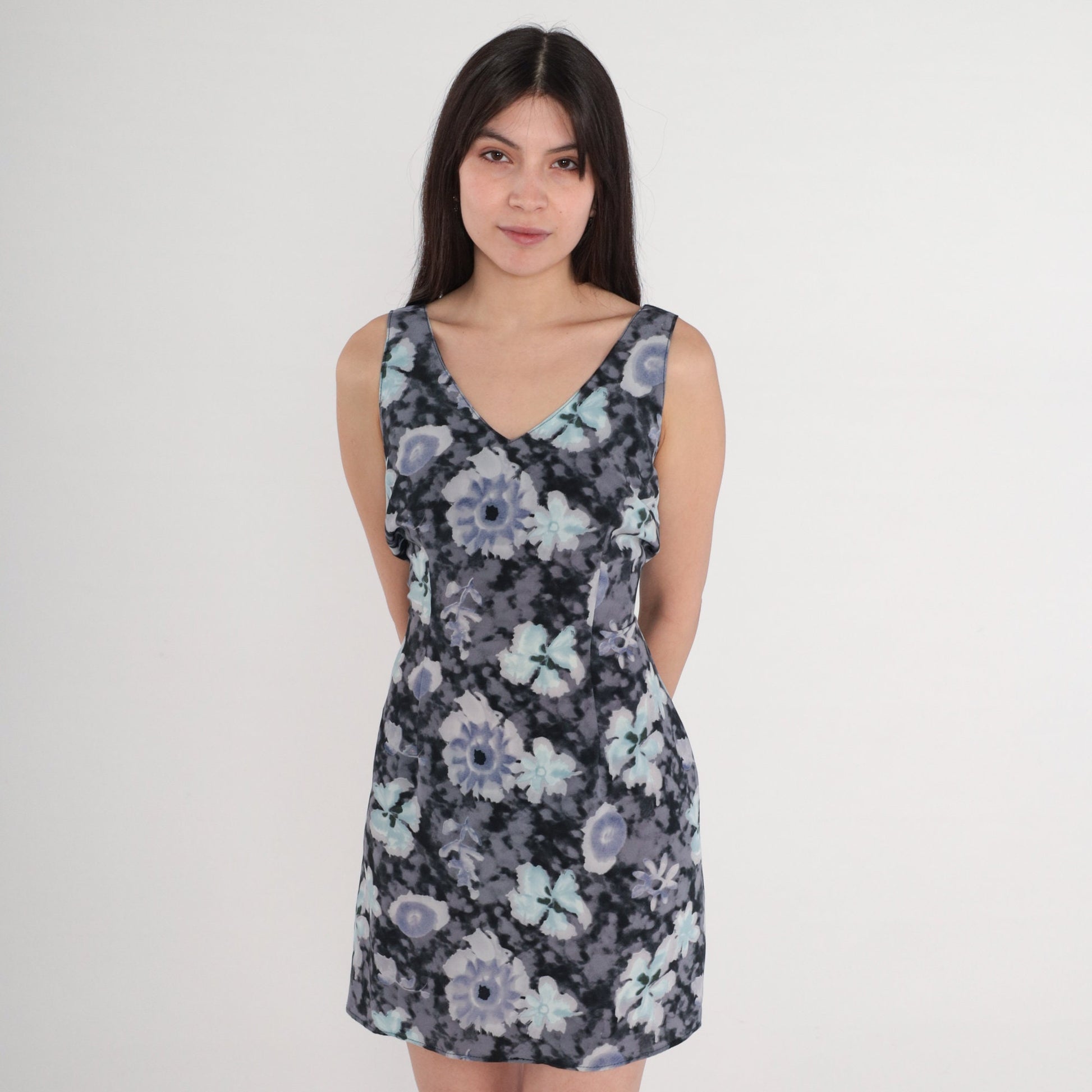 90s Tie Dye Floral Mini Dress Black Grey Purple Cloud Print V Neck Small