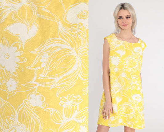 60s Yellow Floral Shift Mini Dress White Print Sleeveless Medium