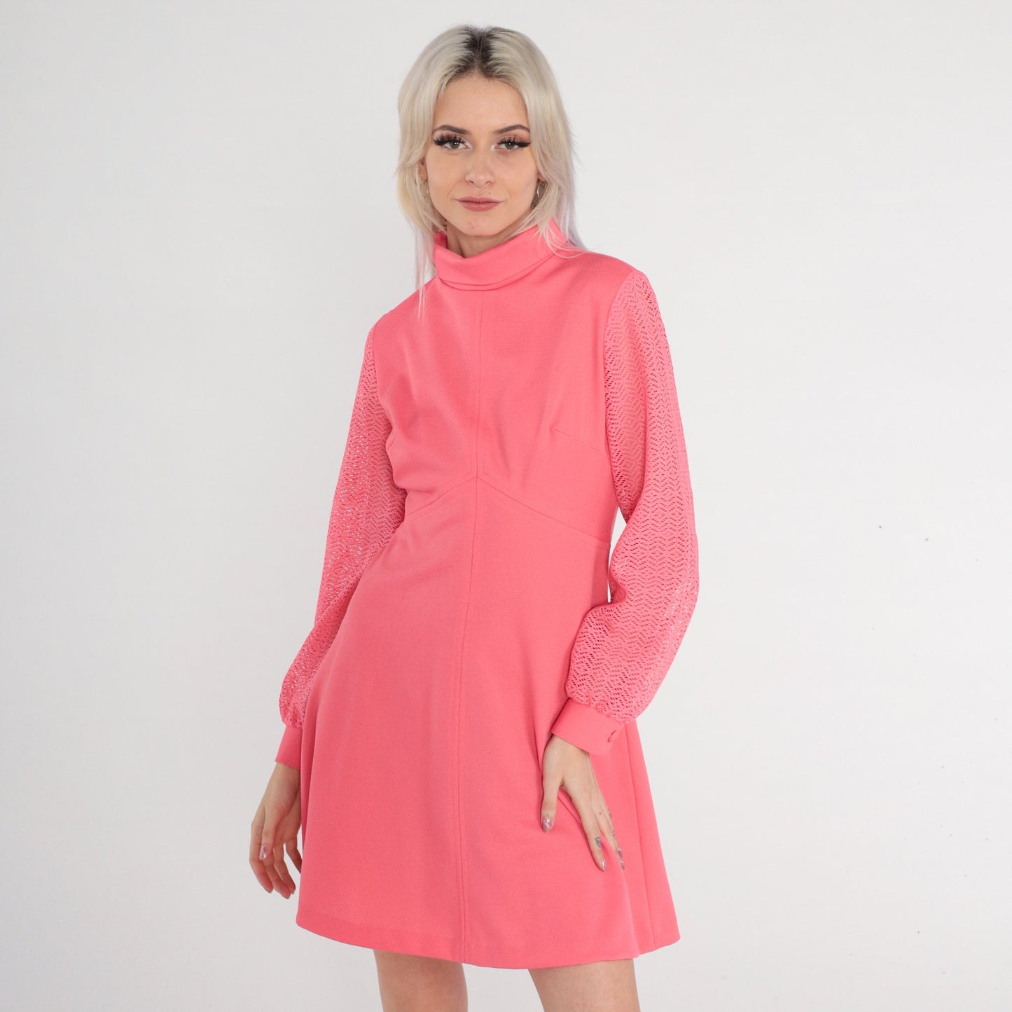 70s Pink Mini Dress Empire Waist Lace Sleeve High Mock Neck Medium M