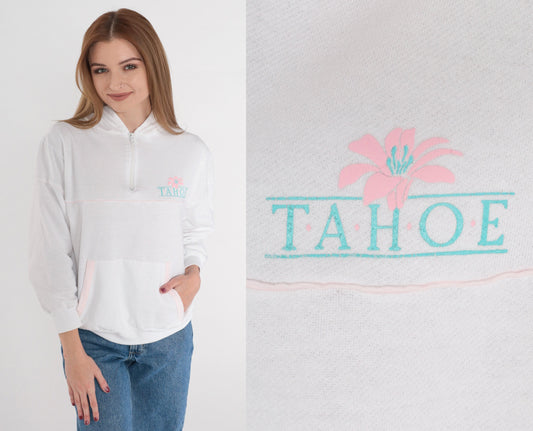 80s Lake Tahoe Quarter Zip Hoodie White Graphic Sweatshirt Kangaroo Pocket Small