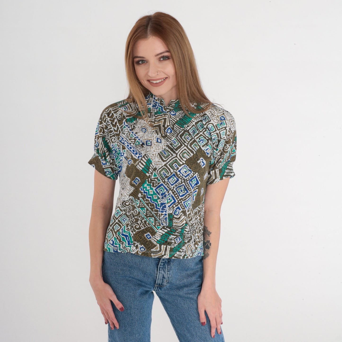 80s Batik Blouse Mandarin Collar Puff Sleeve Brown Olive Abstract Top XS