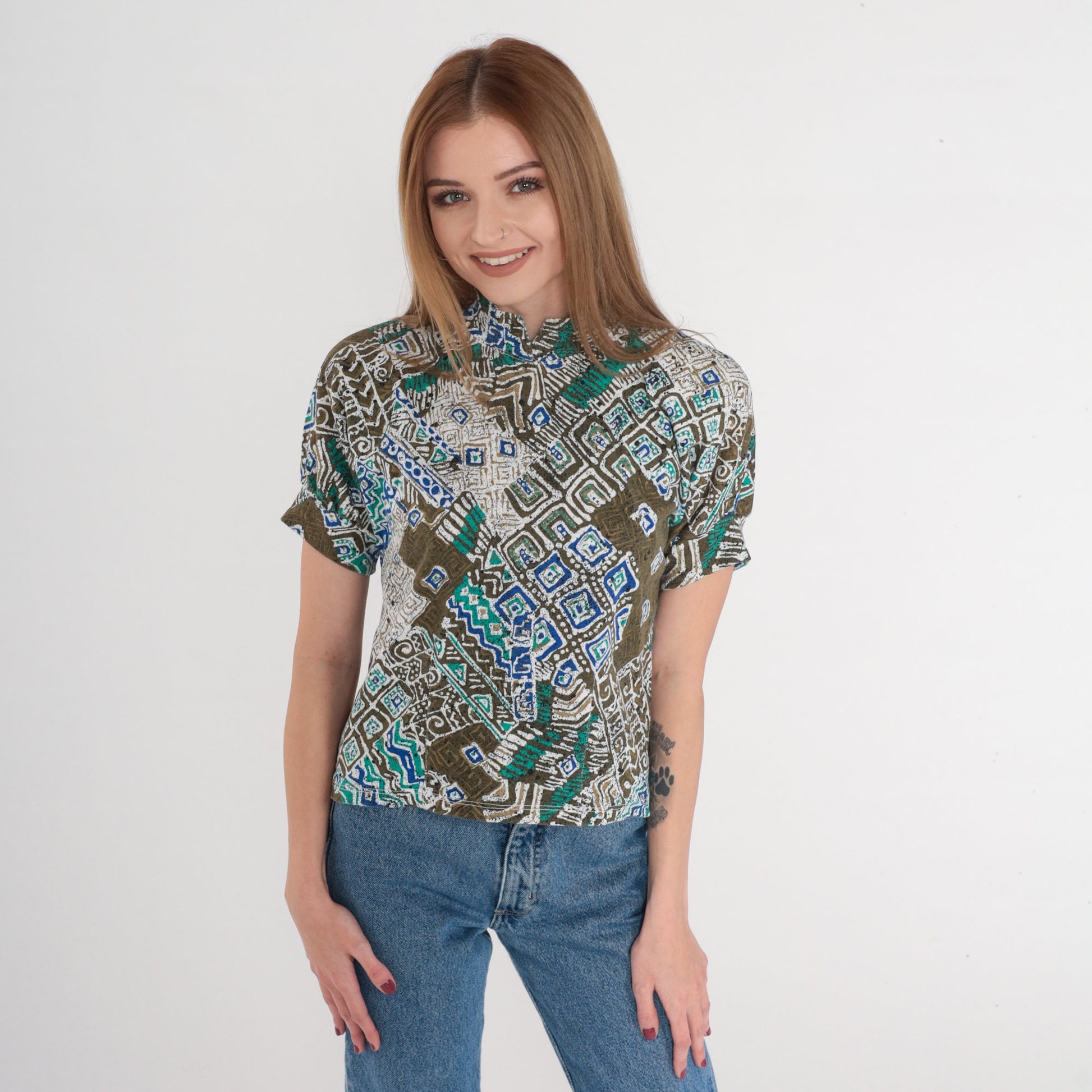 80s Batik Blouse Mandarin Collar Puff Sleeve Brown Olive Abstract Top XS