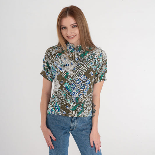 80s Batik Blouse Mandarin Collar Puff Sleeve Brown Olive Abstract Top XS