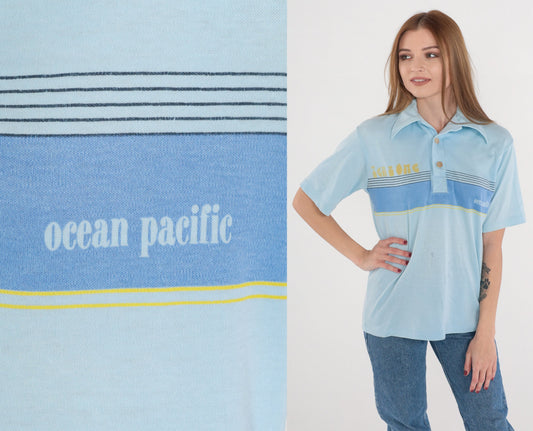 70s Ocean Pacific Tenz One Striped Polo Shirt Blue Small
