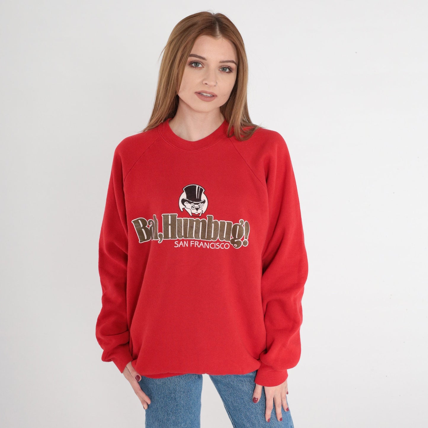 90s San Francisco Bah Humbug Bear Sweatshirt Red Raglan Crewneck Large