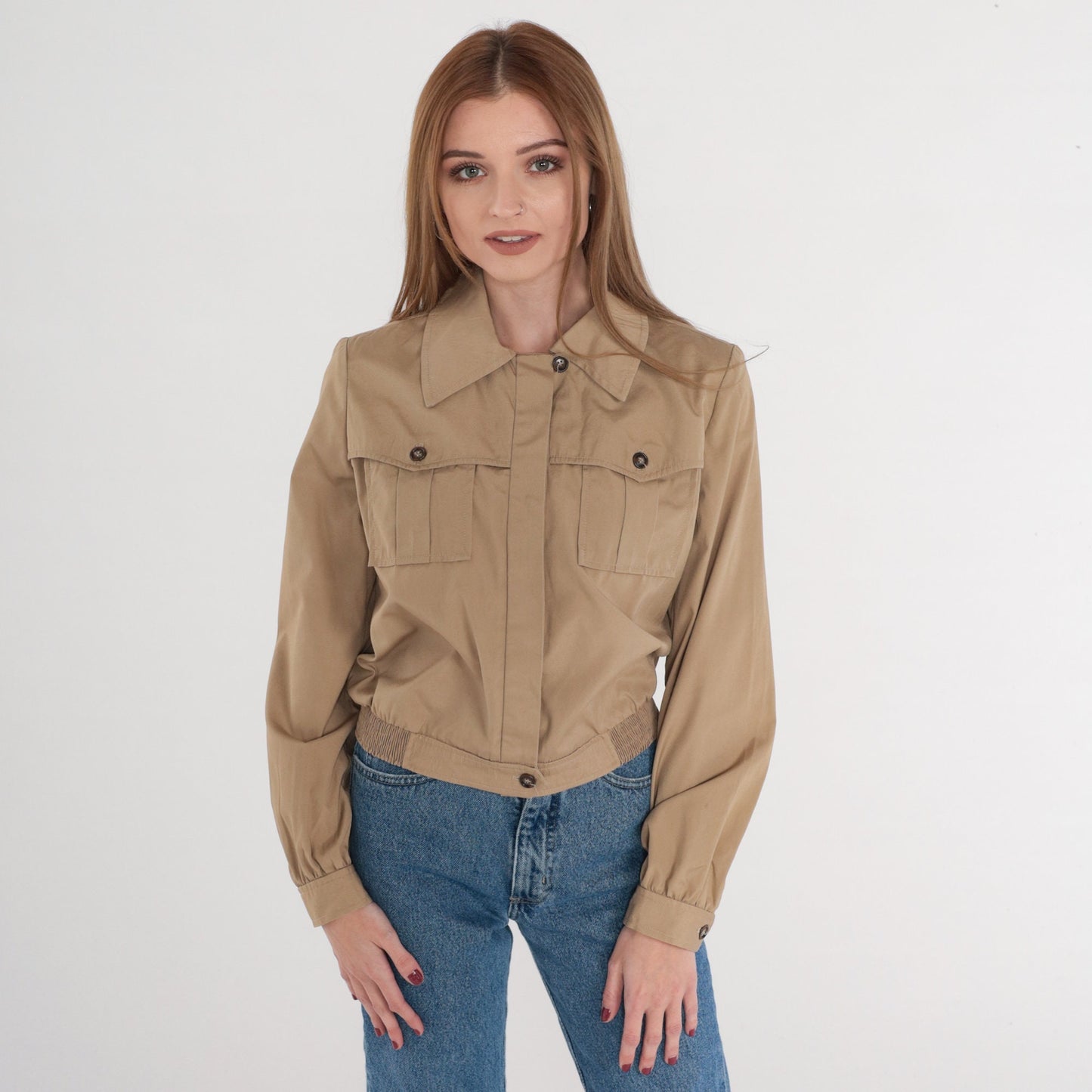 70s Tan Cropped Jacket Cargo Pockets Collared Bomber Extra Small