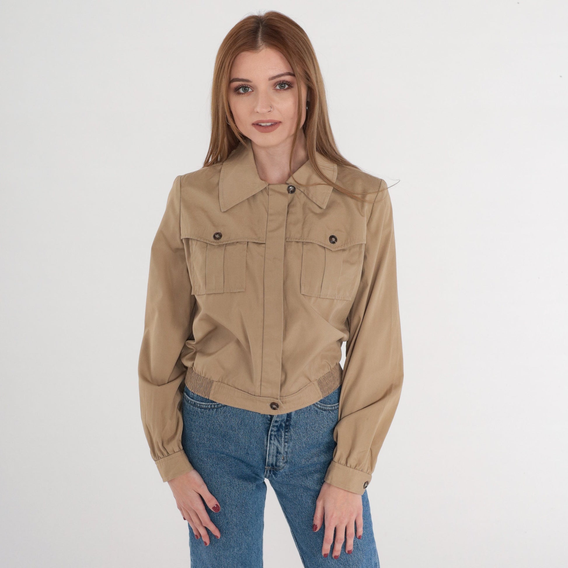 70s Tan Cropped Jacket Cargo Pockets Collared Bomber Extra Small
