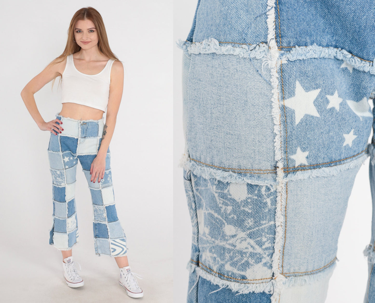 Y2K Patchwork Cropped Jeans Blue Floral Star Print Side Slits 2XS