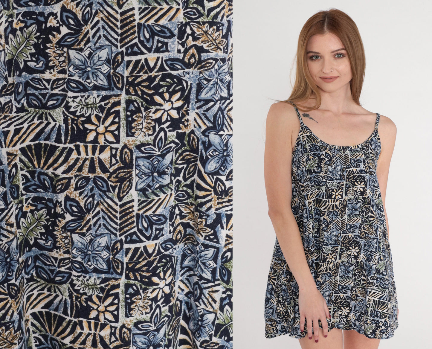 90s Tropical Floral Stamp Print Tank Top Navy Tunic Rayon Small S