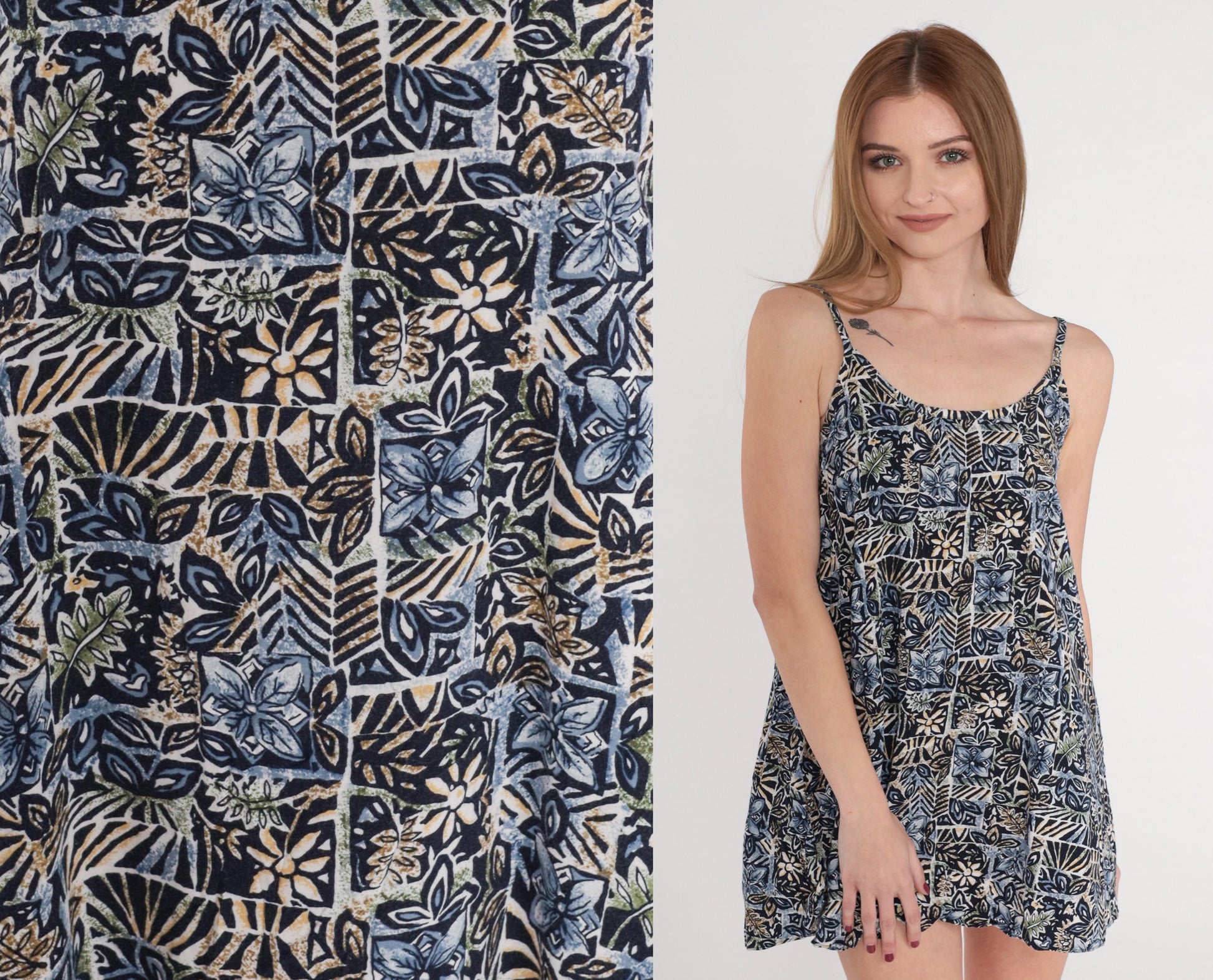 90s Tropical Floral Stamp Print Tank Top Navy Tunic Rayon Small S