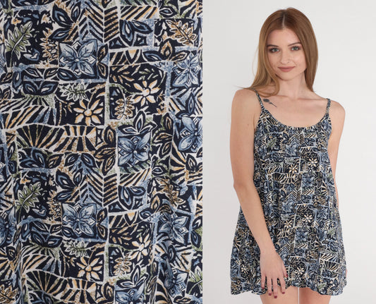 90s Tropical Floral Stamp Print Tank Top Navy Tunic Rayon Small S