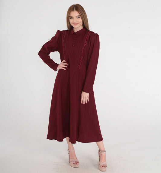 80s Dark Red Wool Midi Dress Puff Sleeve Basque Waist Collared Medium M