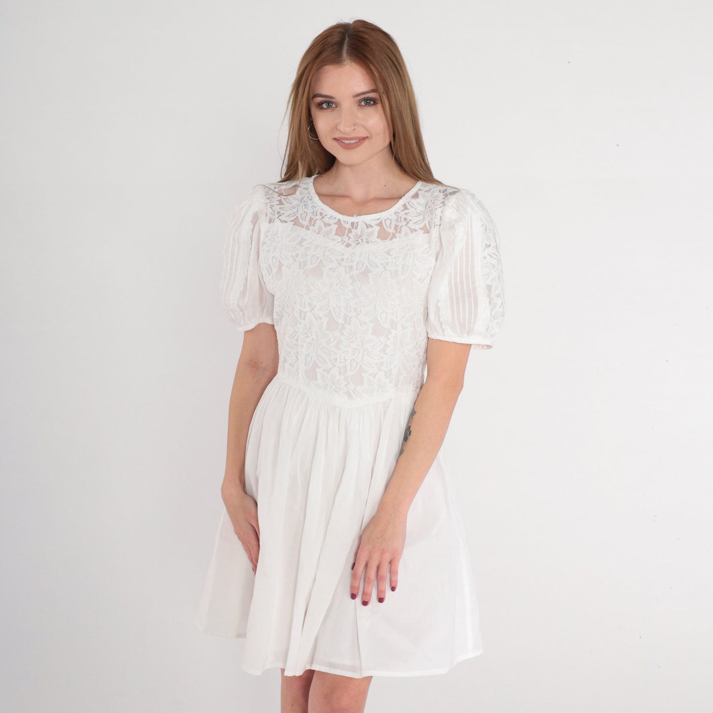 Y2K White Lace Mini Dress Puff Sleeve High Waist Bow Back Small