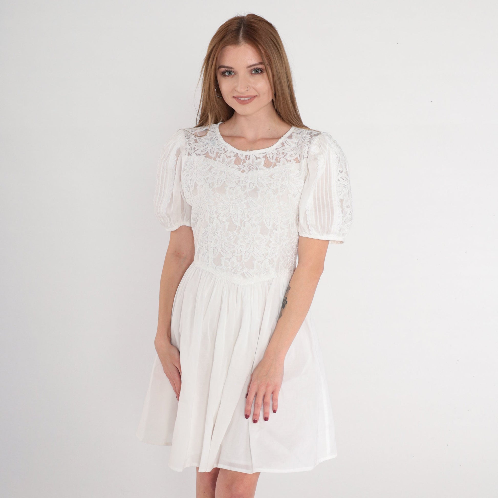 Y2K White Lace Mini Dress Puff Sleeve High Waist Bow Back Small