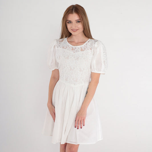 Y2K White Lace Mini Dress Puff Sleeve High Waist Bow Back Small