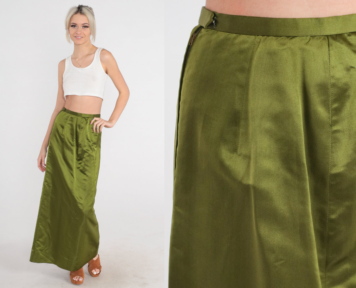 60s High-Waisted Maxi Skirt Shiny Green Pea Acetate Blend XS