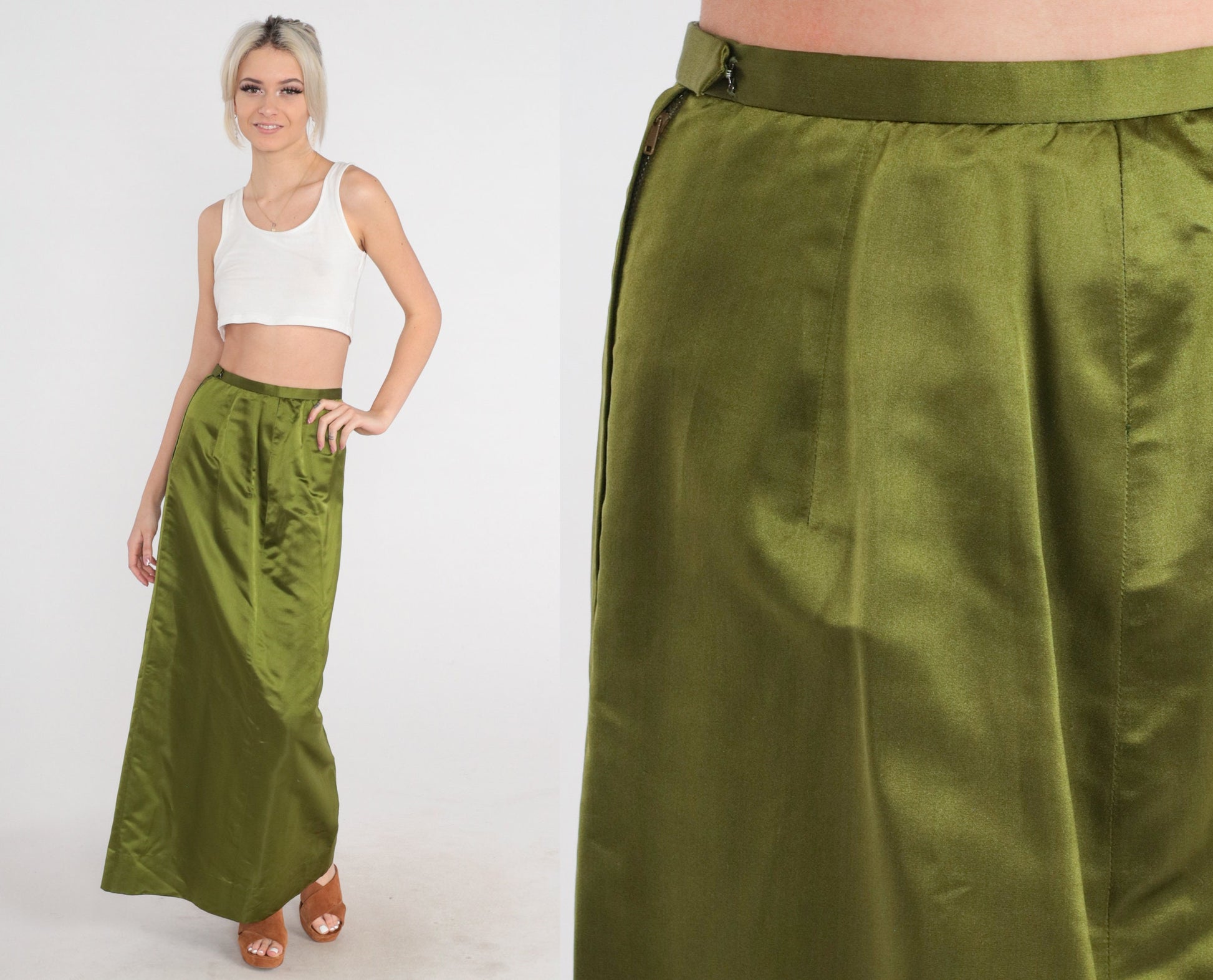 60s High-Waisted Maxi Skirt Shiny Green Pea Acetate Blend XS
