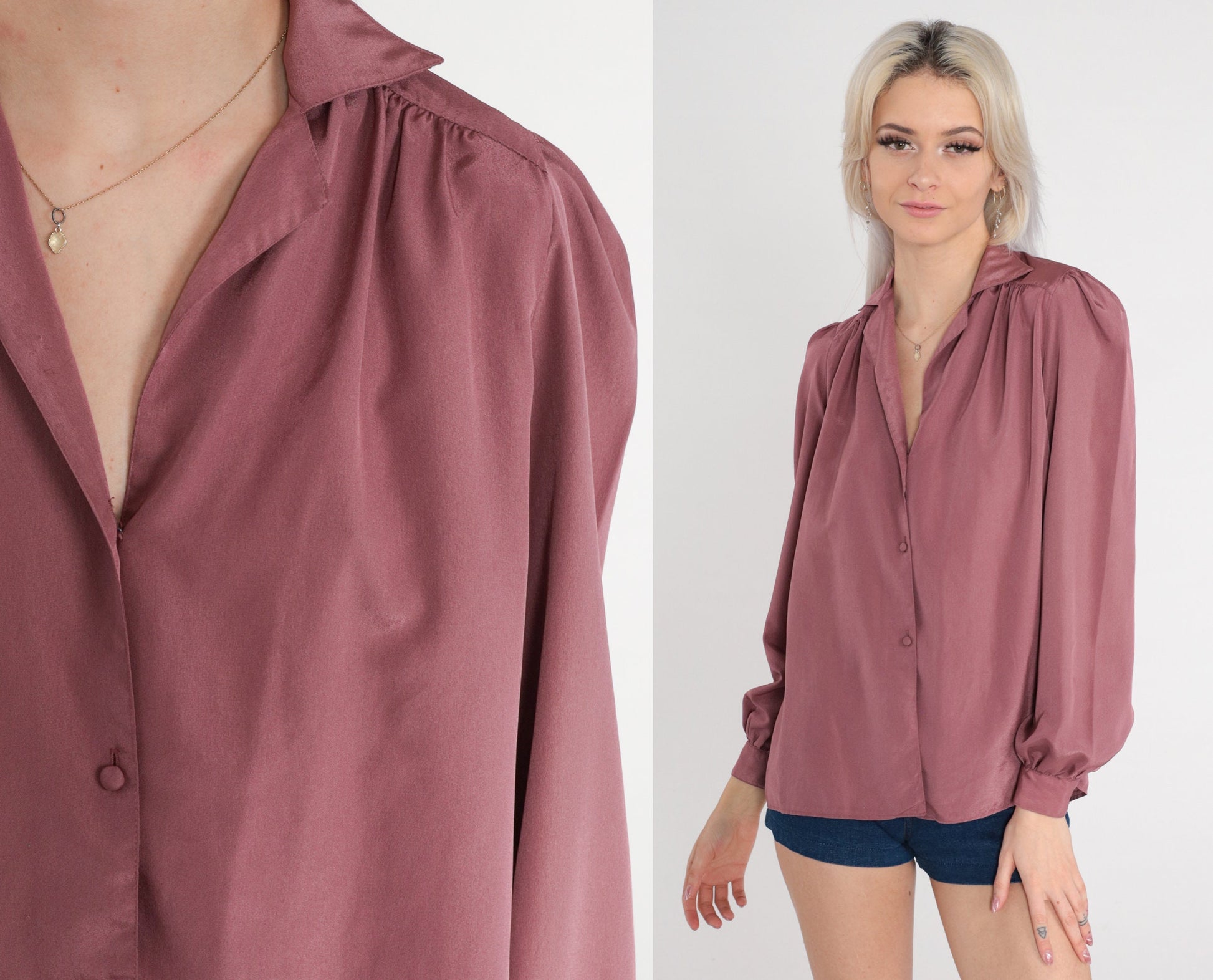 80s Dusty Purple Button-Up Blouse Puff Sleeve Pleated Collared Medium M