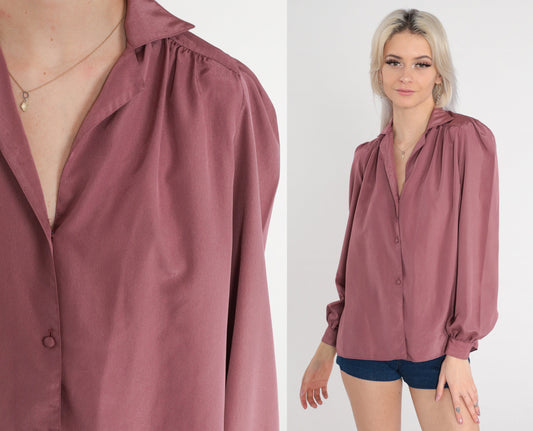 80s Dusty Purple Button-Up Blouse Puff Sleeve Pleated Collared Medium M