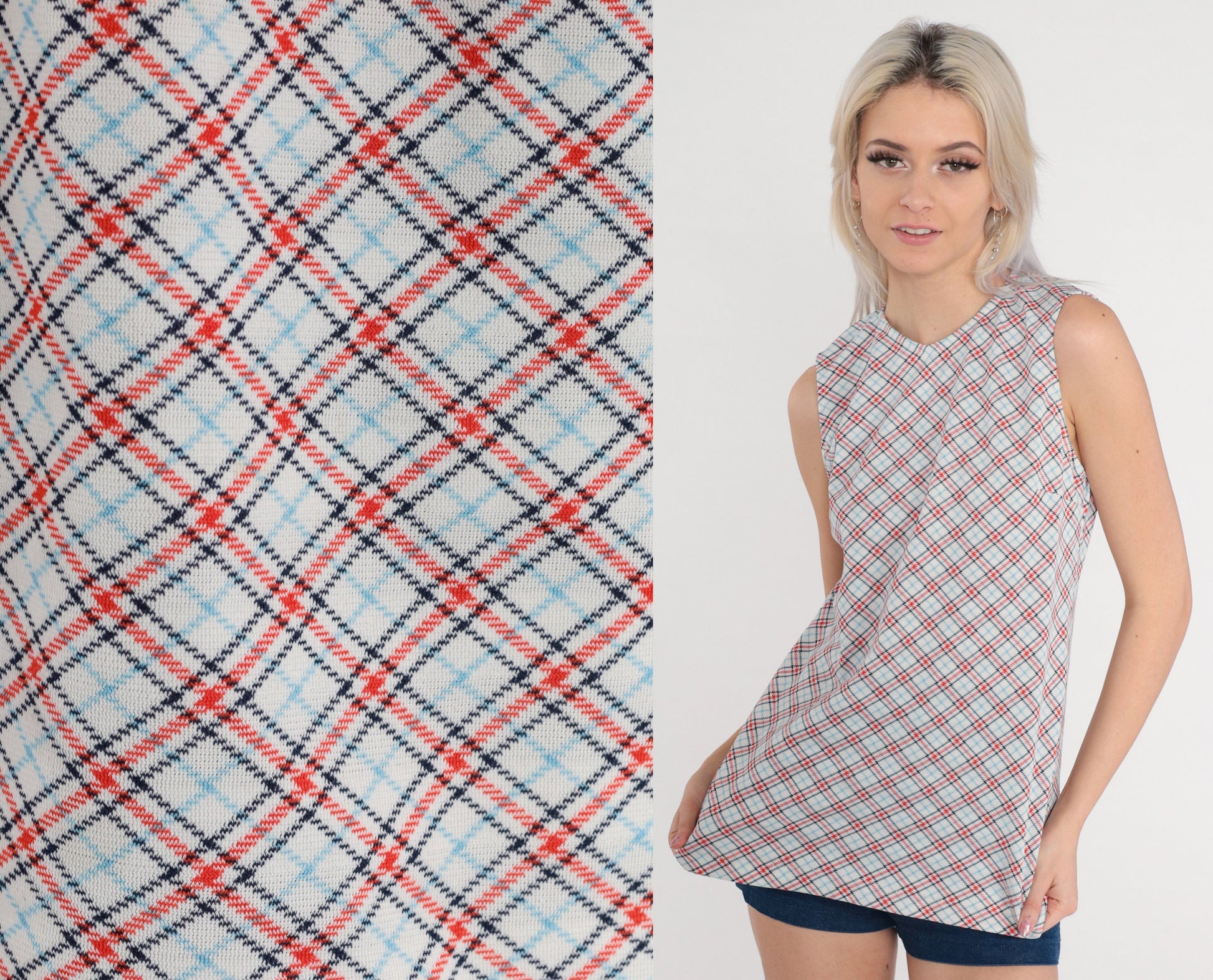 70s Plaid Tank Top White Red Blue Checkered Sleeveless Blouse Small