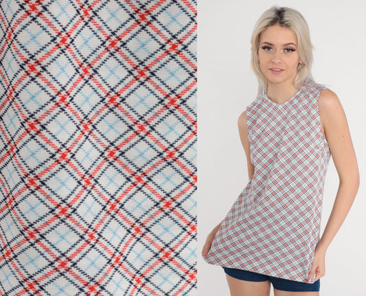 70s Plaid Tank Top White Red Blue Checkered Sleeveless Blouse Small