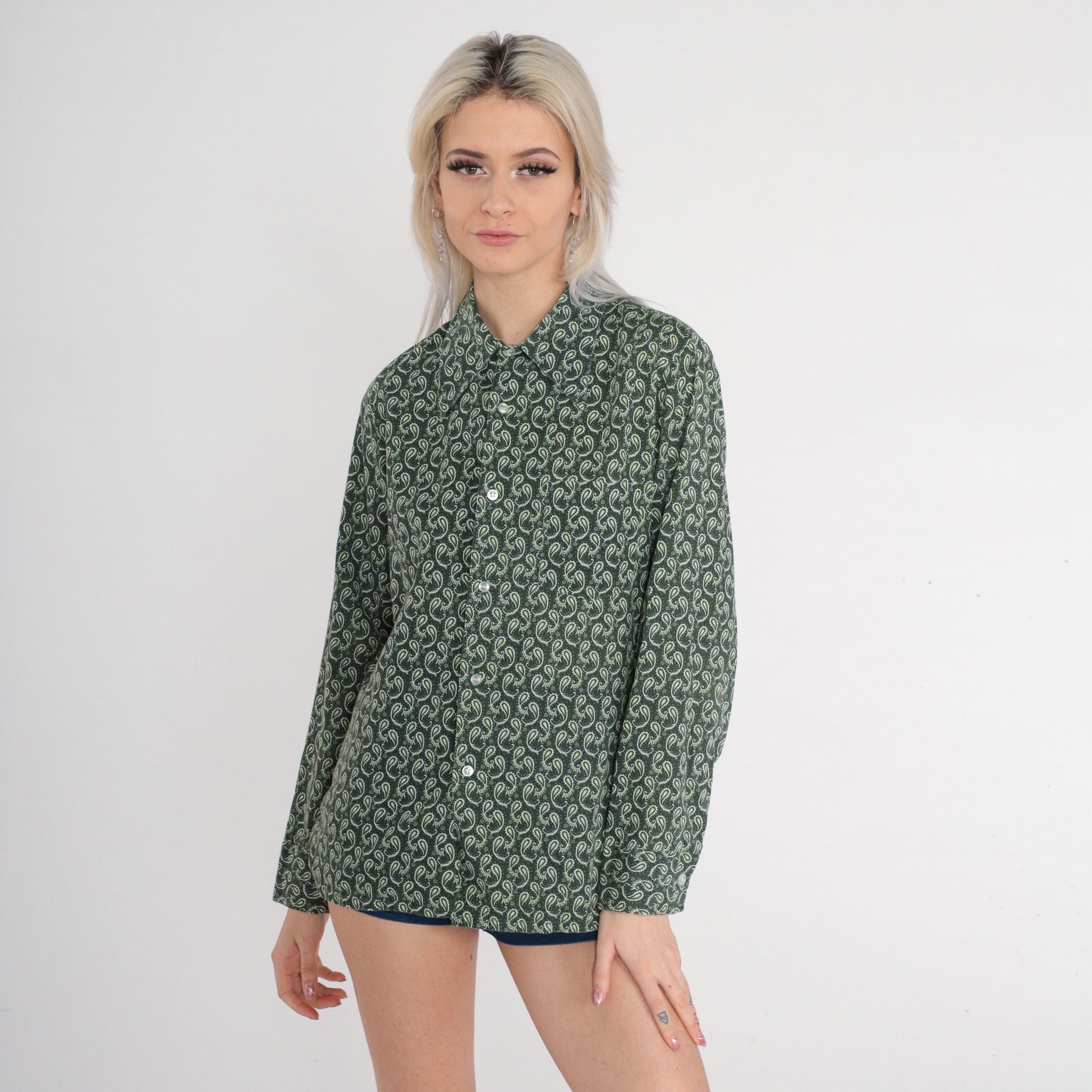 70s Paisley Button-Up Shirt Dark Green Pointed Collar Disco Long Sleeve Medium