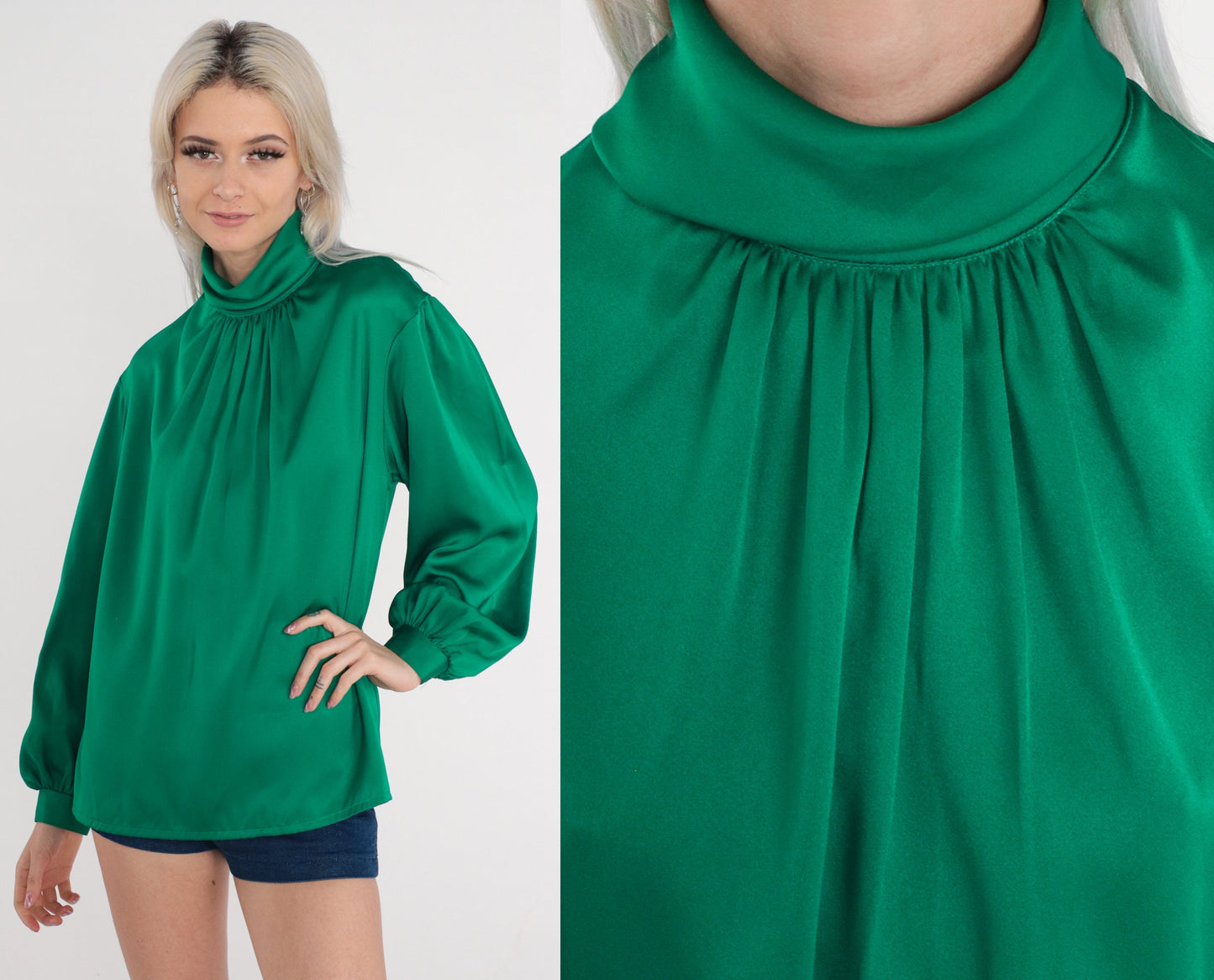 80s Green Satin Pleated Blouse Mock Neck Button Back Long Sleeve Medium