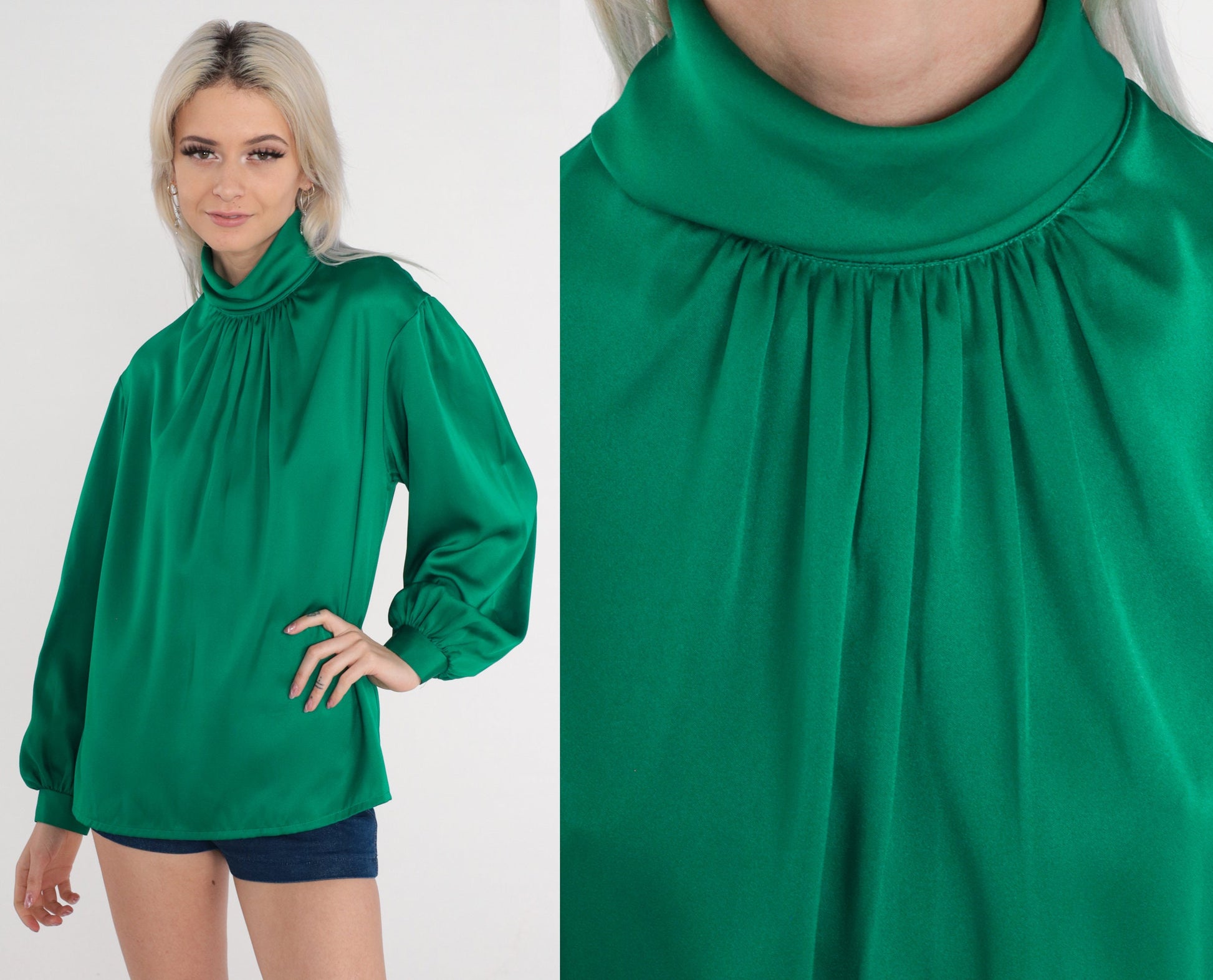 80s Green Satin Pleated Blouse Mock Neck Button Back Long Sleeve Medium