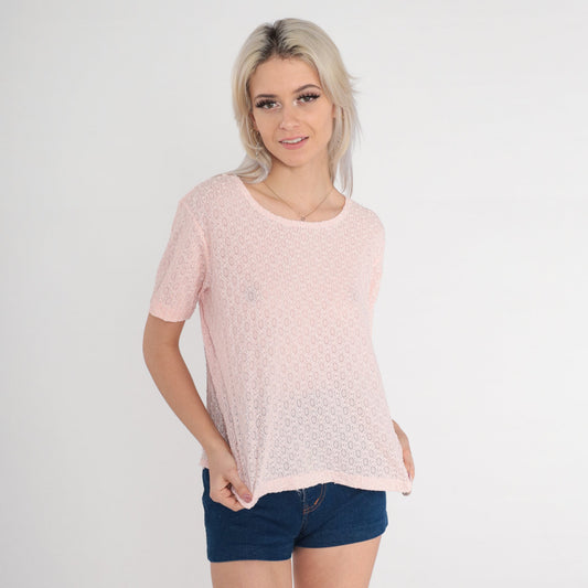80s Baby Pink Sheer Lace Cutout Blouse Short Sleeve Large L