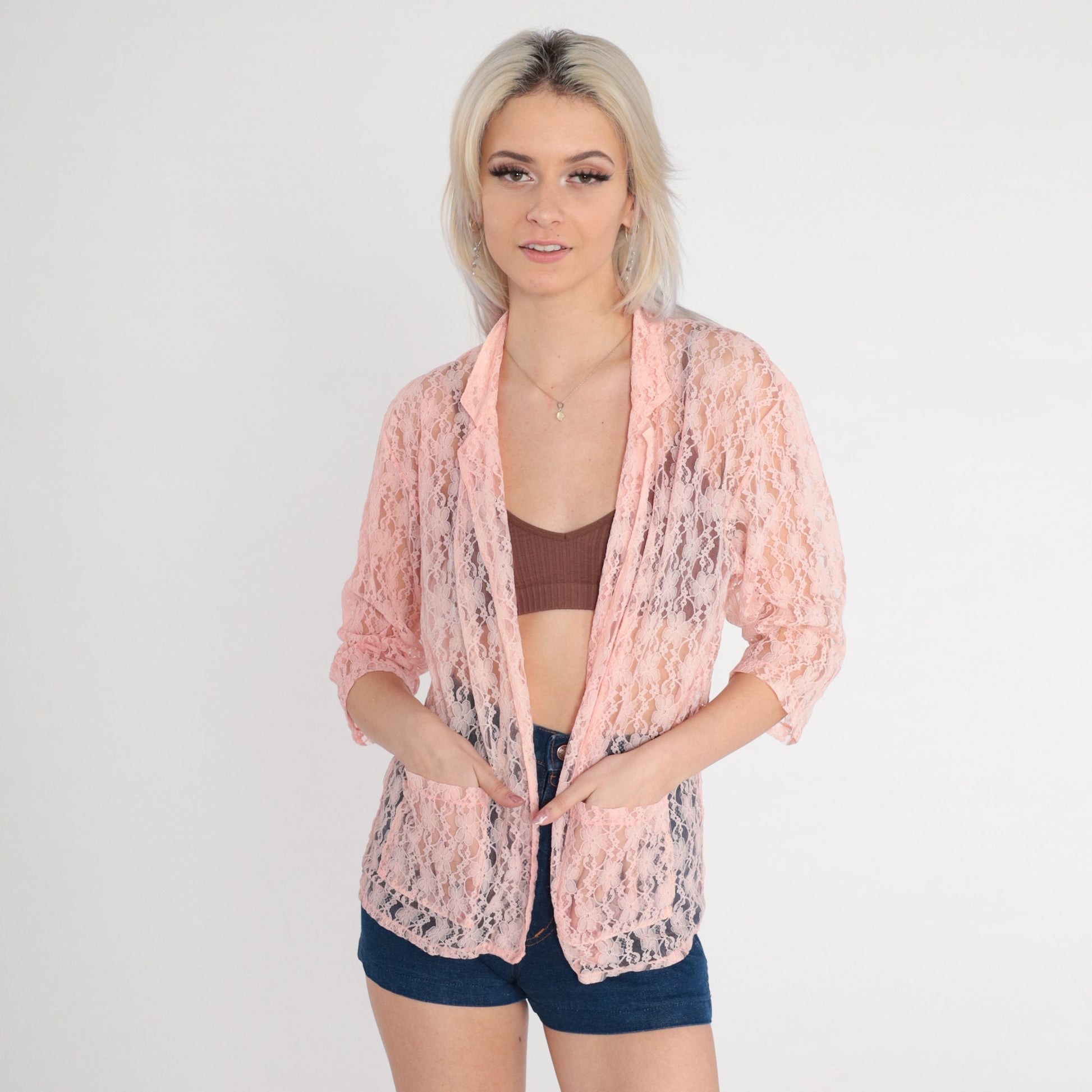 70s Playmate Pink Lace Bed Jacket 3/4 Sleeve Open Front Medium M