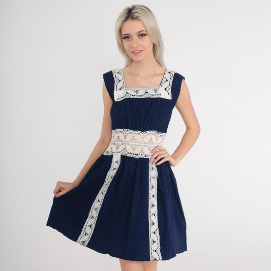 70s Navy Crochet Mini Dress White Open Weave Sleeveless High Waist Small S